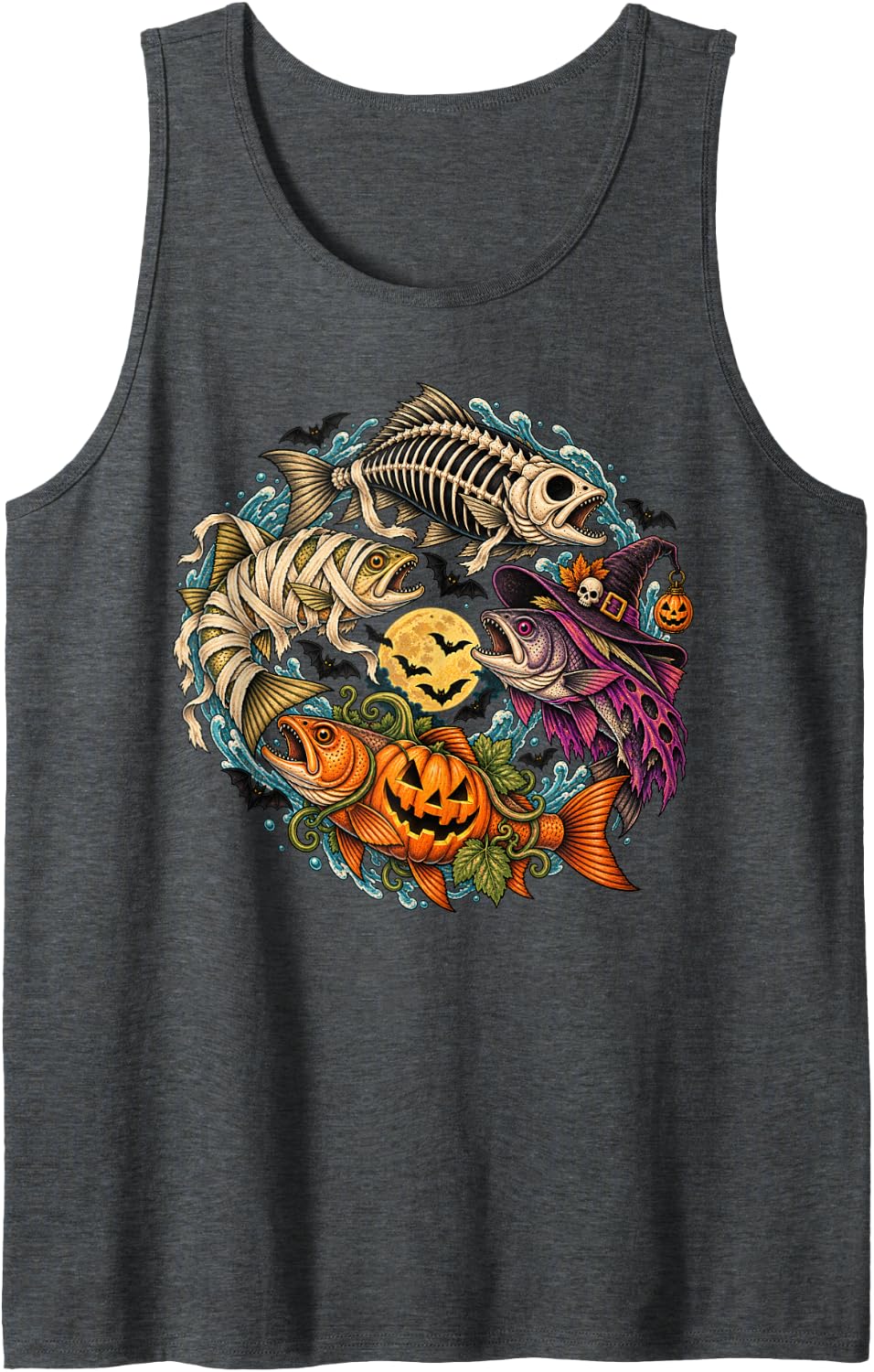 Halloween Trout Fish Ghost Pumpkin Skeleton Mummy Sleeveless Tank Top - Dark Heather Grey