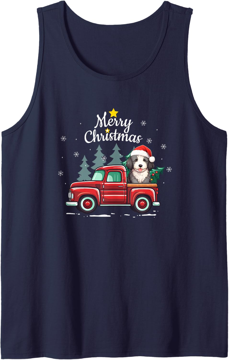 Sheepadoodle Christmas Dog Truck Plaid Funny Xmas Tree Sleeveless Tank Top - Navy Blue