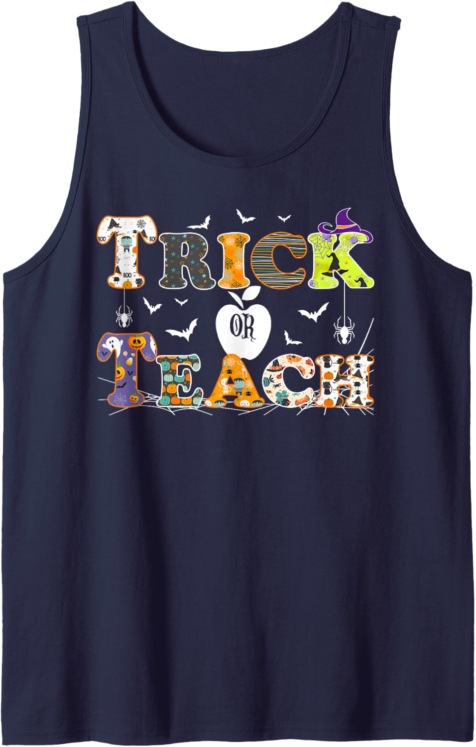 Trick Or Teach Funny Teacher Halloween Sleeveless Tank Top - Navy Blue