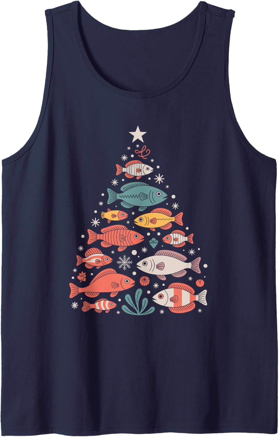 Merry Fishmas Fishing Tree Lights Funny Angler Sleeveless Tank Top - Navy Blue