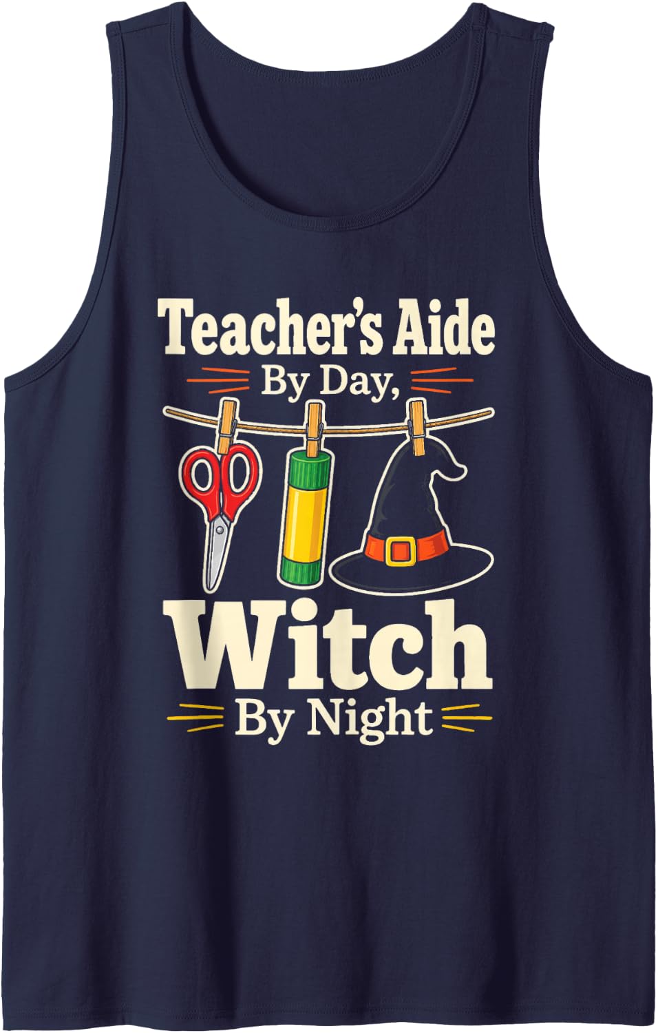 Teacher's Aide By Day Witch By Night Halloween Elementary Sleeveless Tank Top - Navy Blue