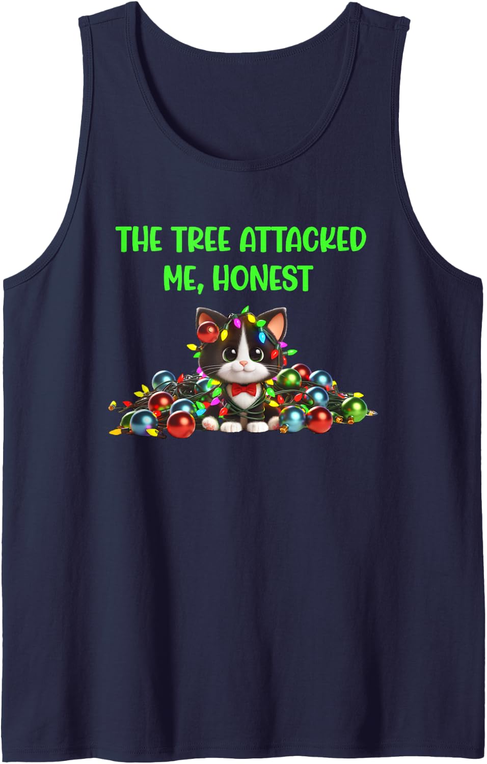 Christmas Cat Tangled Lights Tree Attack Tuxedo Cat Kitten Sleeveless Tank Top - Navy Blue
