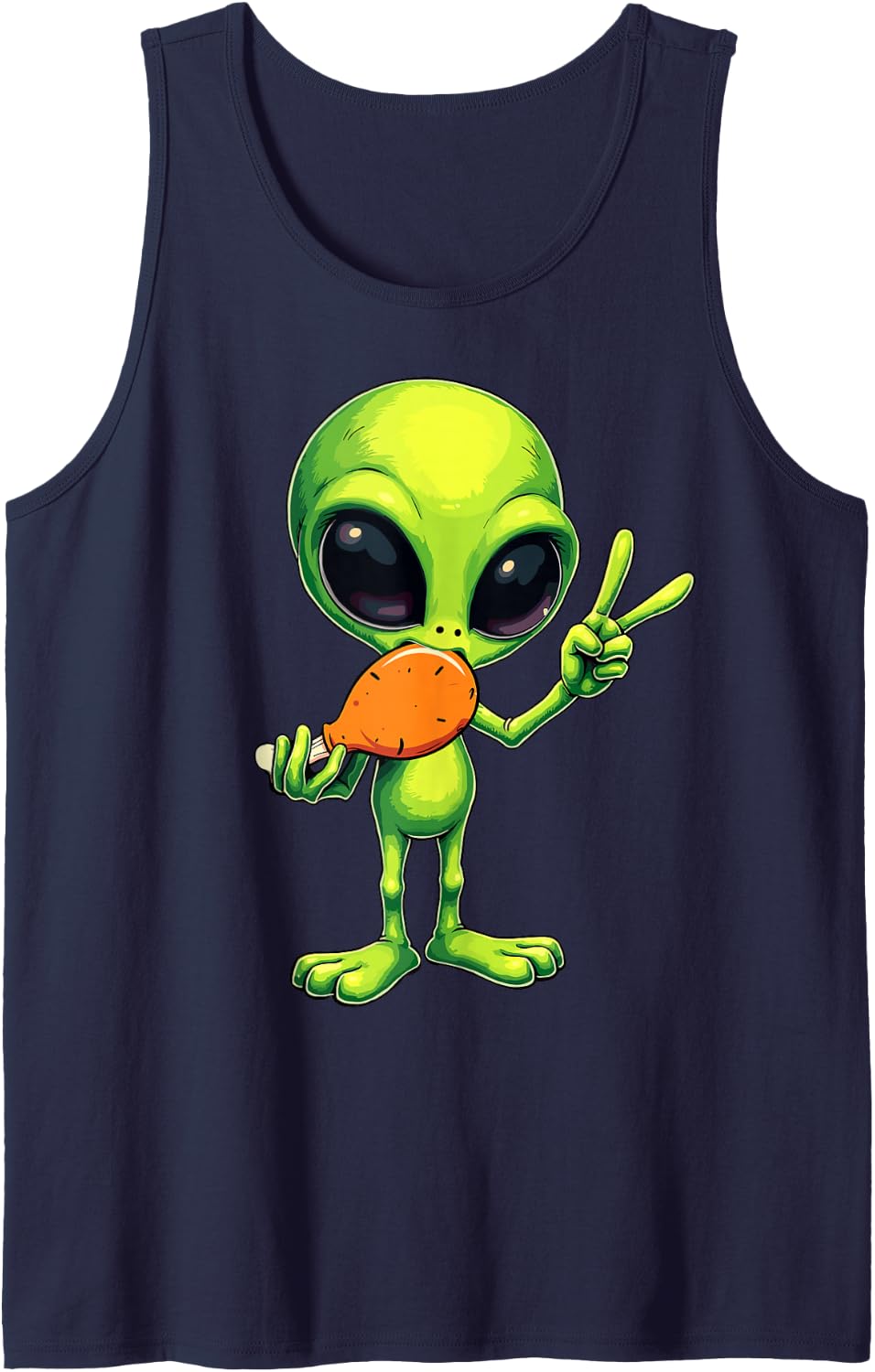 Alien Turkey Leg Happy Thanksgiving UFO Funny Holiday Tee Sleeveless Tank Top - Navy Blue