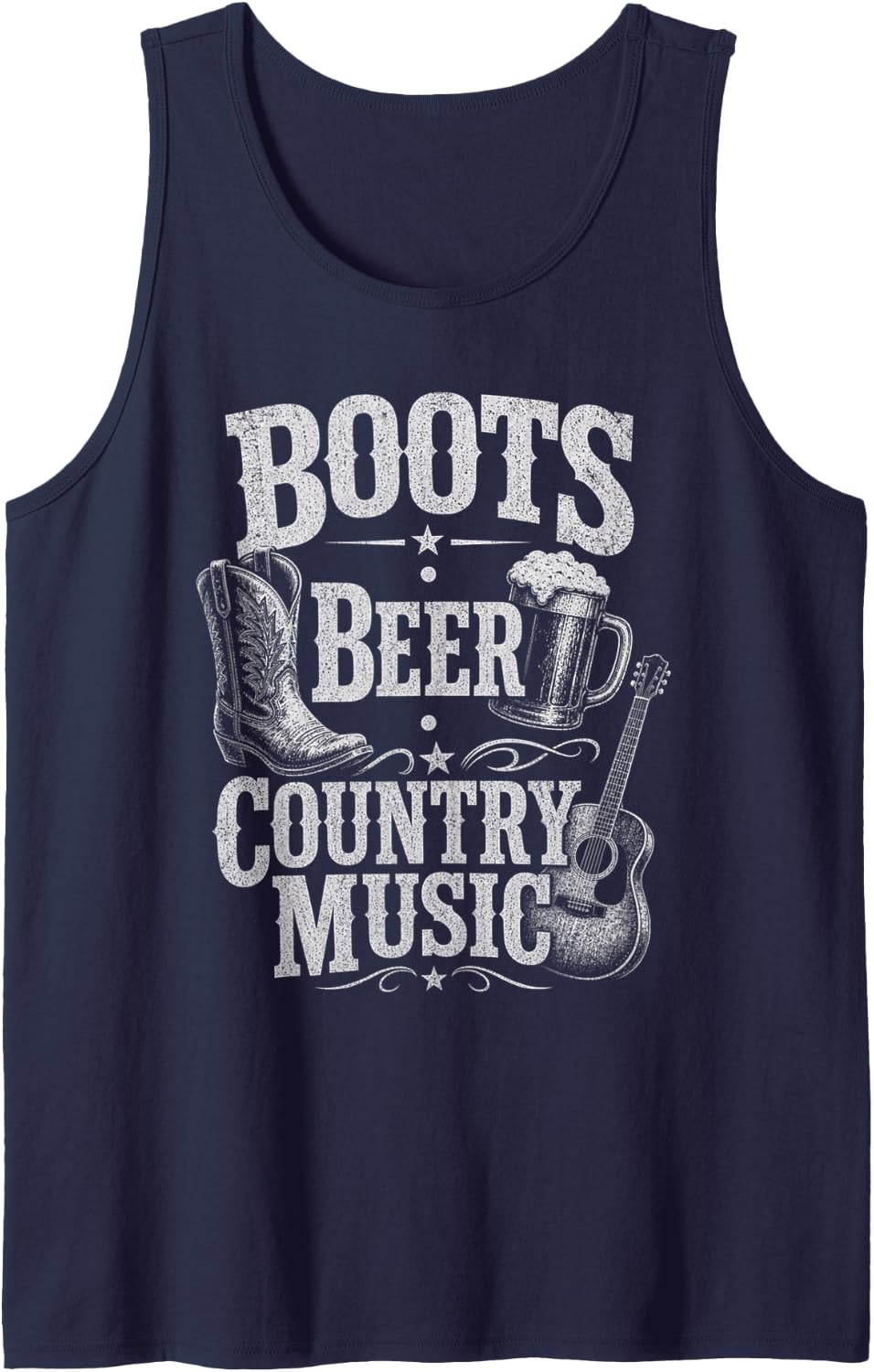 Boots Beer Country Music Cowboy Western Concert Graphic Sleeveless Tank Top - Navy Blue