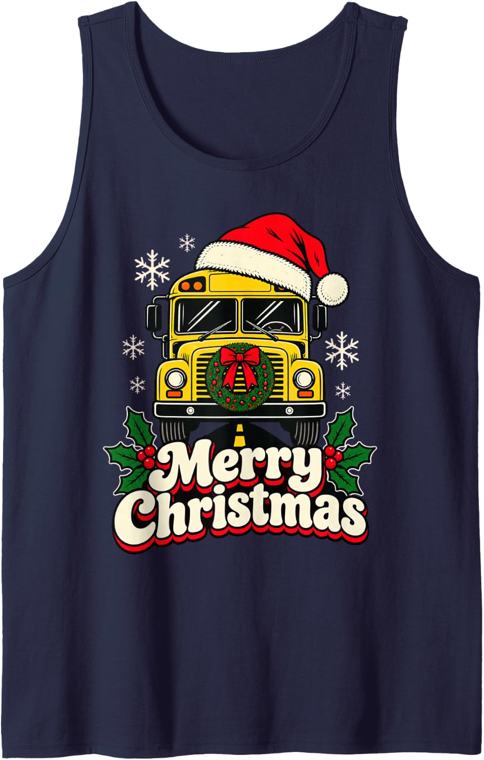 Merry Christmas School Bus Santa Hat Holiday Bus Driver Sleeveless Tank Top - Navy Blue