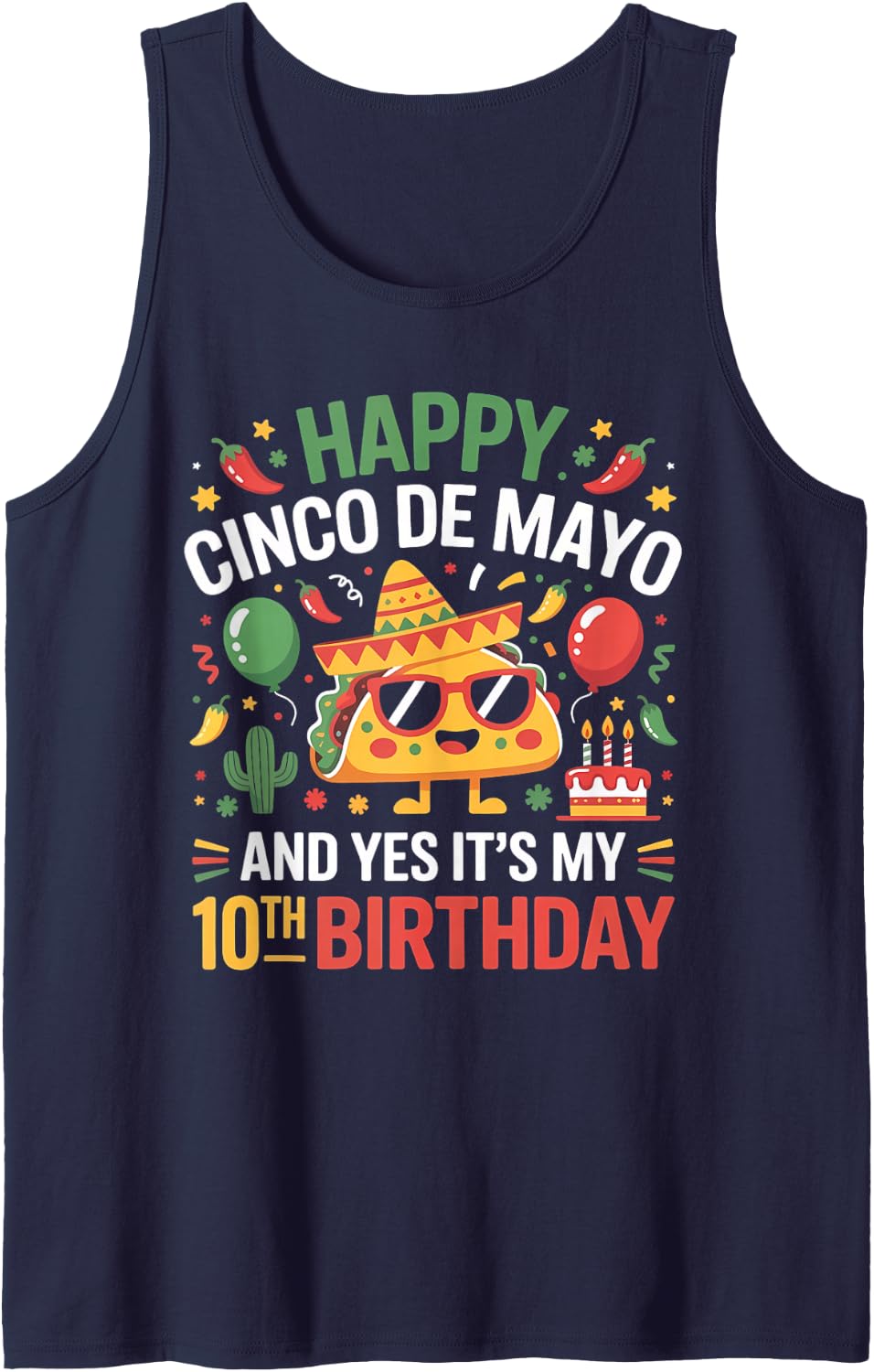 Happy Cinco De Mayo 2026 Yes It's My 10th Birthday Kids Sleeveless Tank Top - Navy Blue