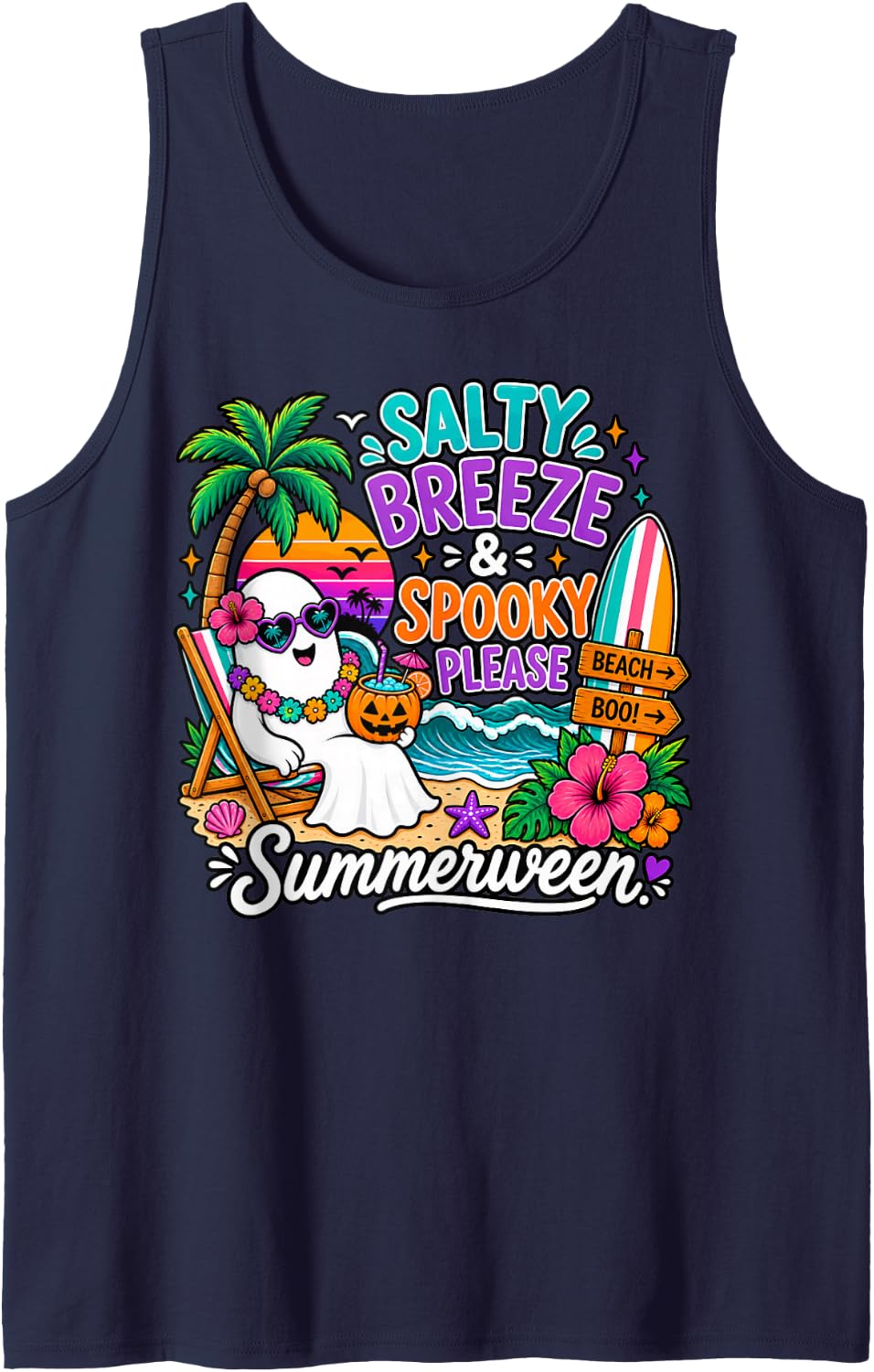 Salty Breeze Spooky Please Summerween Ghost Beach Halloween Sleeveless Tank Top - Navy Blue