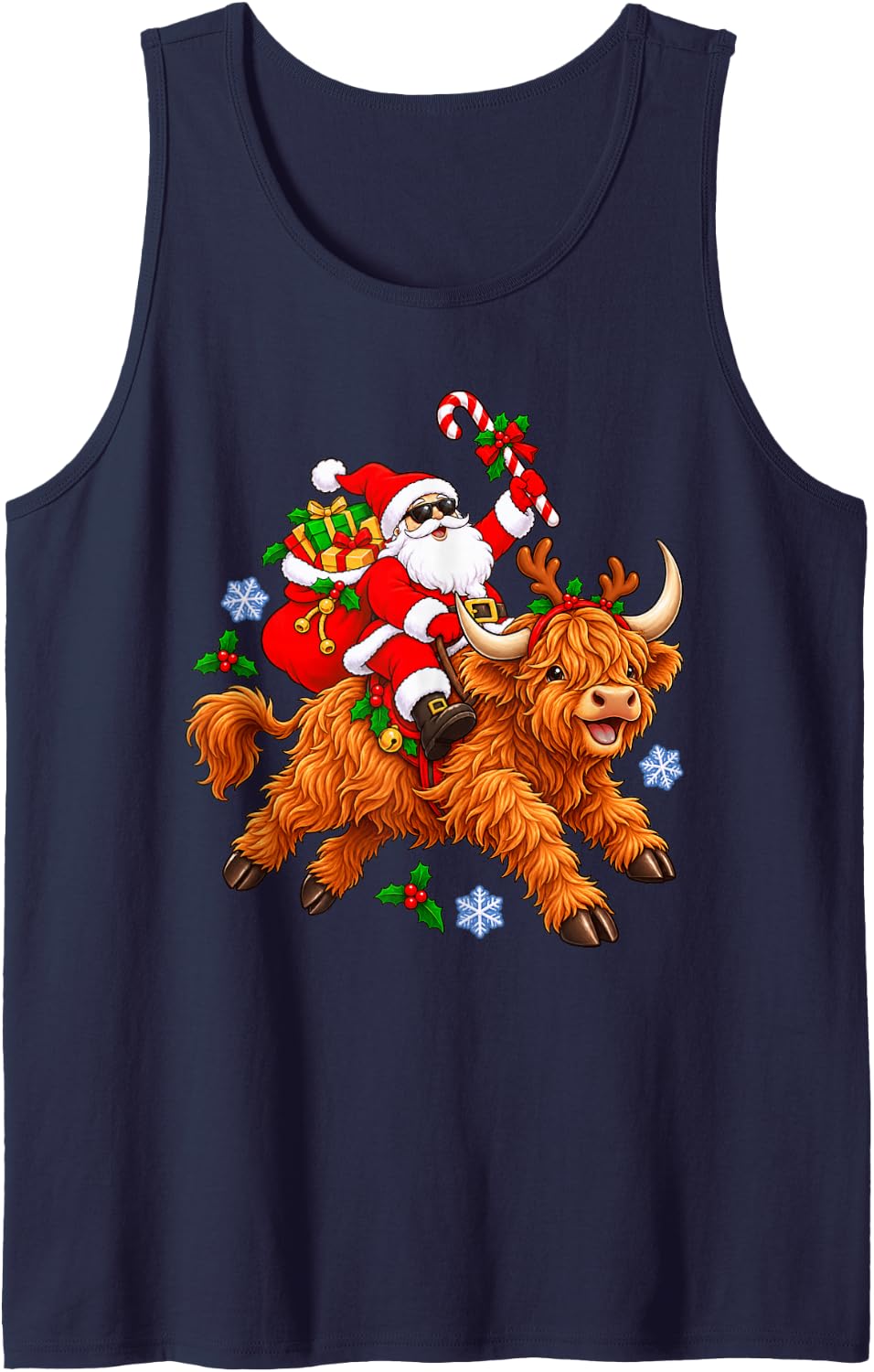 Christmas Santa Happy Highland Cow Holiday Character Graphic Sleeveless Tank Top - Navy Blue