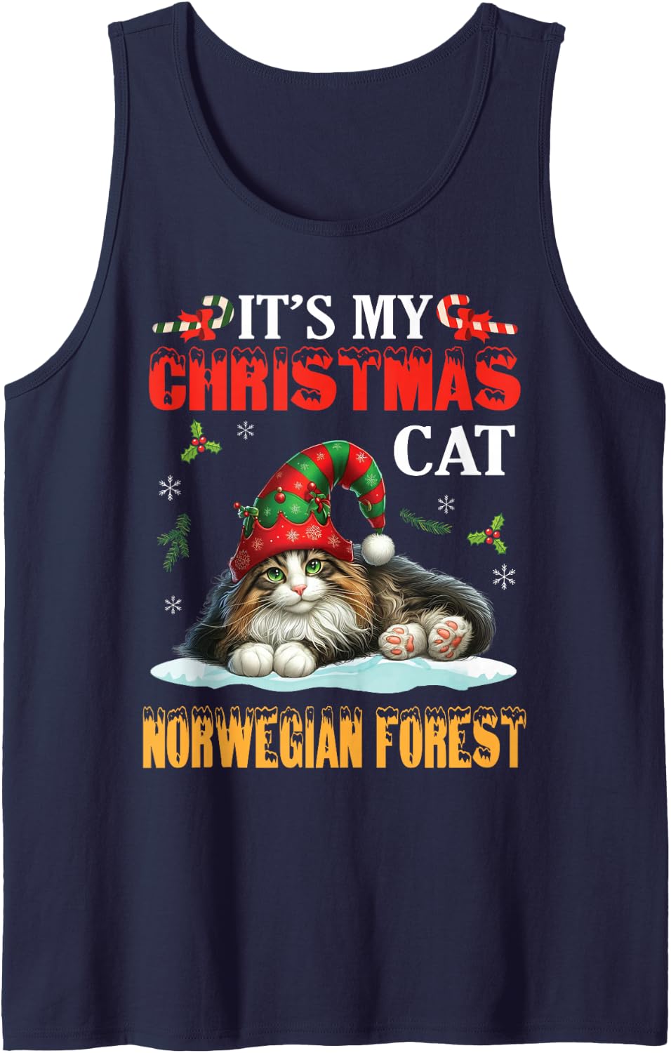 It’s My Christmas Cat Norwegian Forest Merry Day Mom Dad Sleeveless Tank Top - Navy Blue
