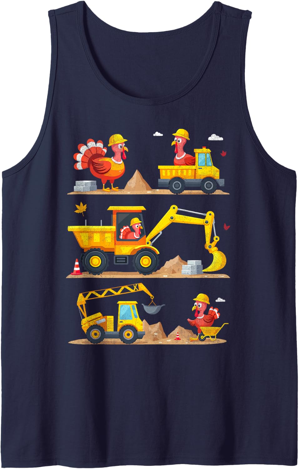Thanksgiving Turkey Construction Crew Excavator Dump Truck Sleeveless Tank Top - Navy Blue