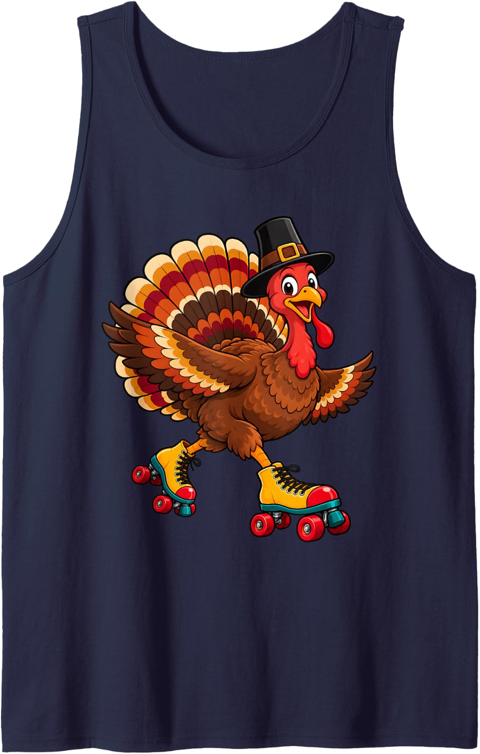 Roller Skating Turkey Thanksgiving Funny Autumn Bird Art Sleeveless Tank Top - Navy Blue
