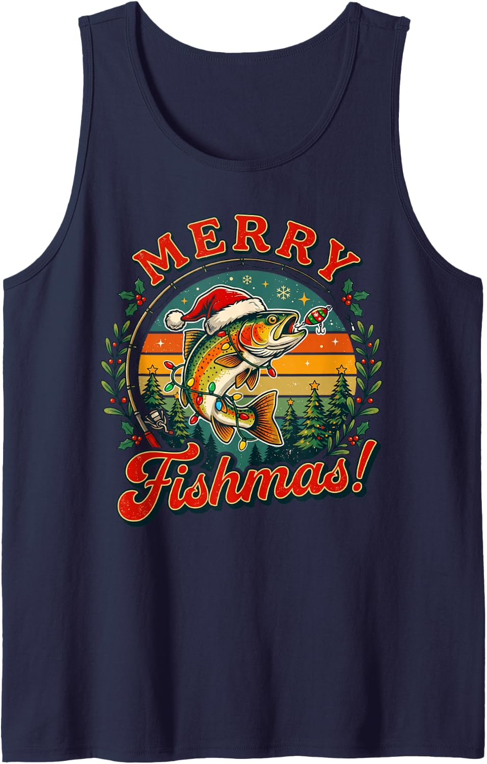 Merry Fishmas Fishing Christmas Fisherman Trout Santa Hat Sleeveless Tank Top - Navy Blue