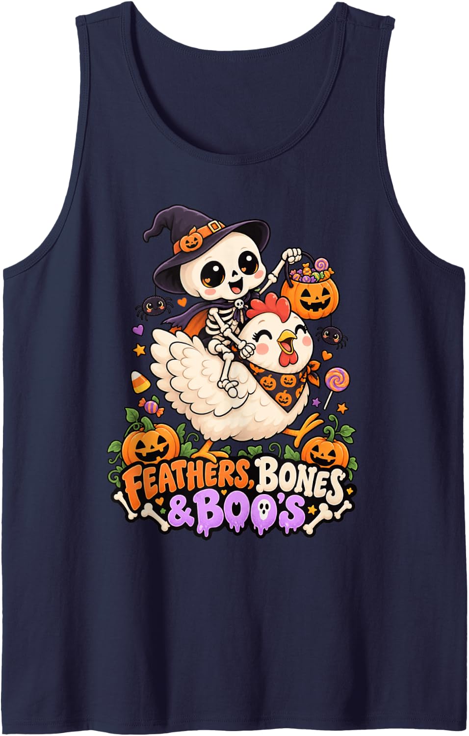 Feathers, Bones & Boo's Halloween Skeleton Riding Chicken Sleeveless Tank Top - Navy Blue