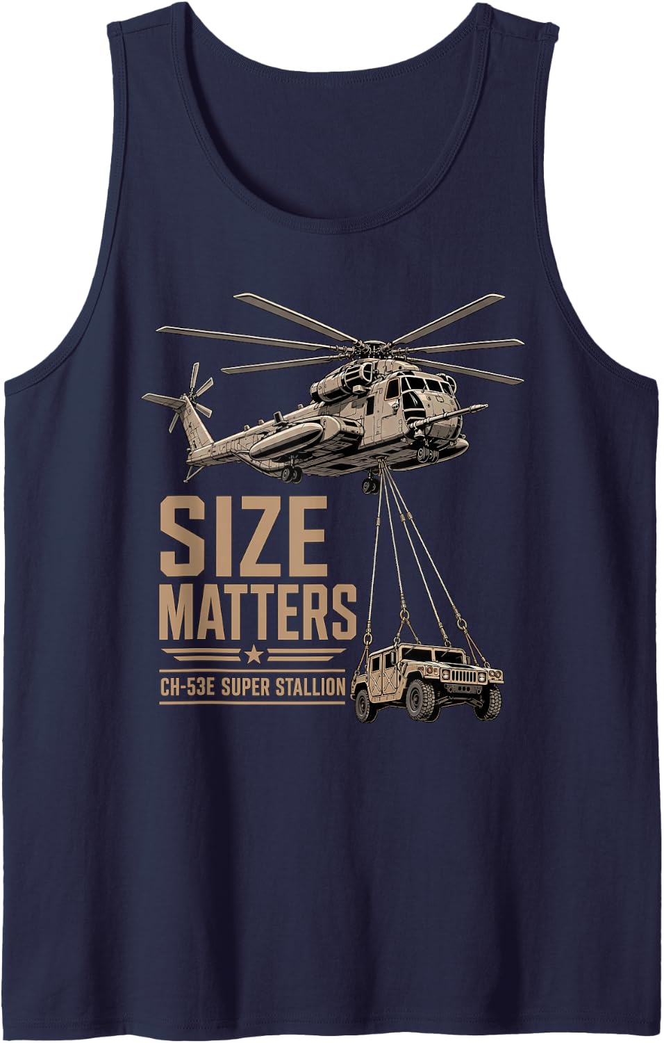 Super Stallion Size Matters Funny Military Helicopter Sleeveless Tank Top - Navy Blue