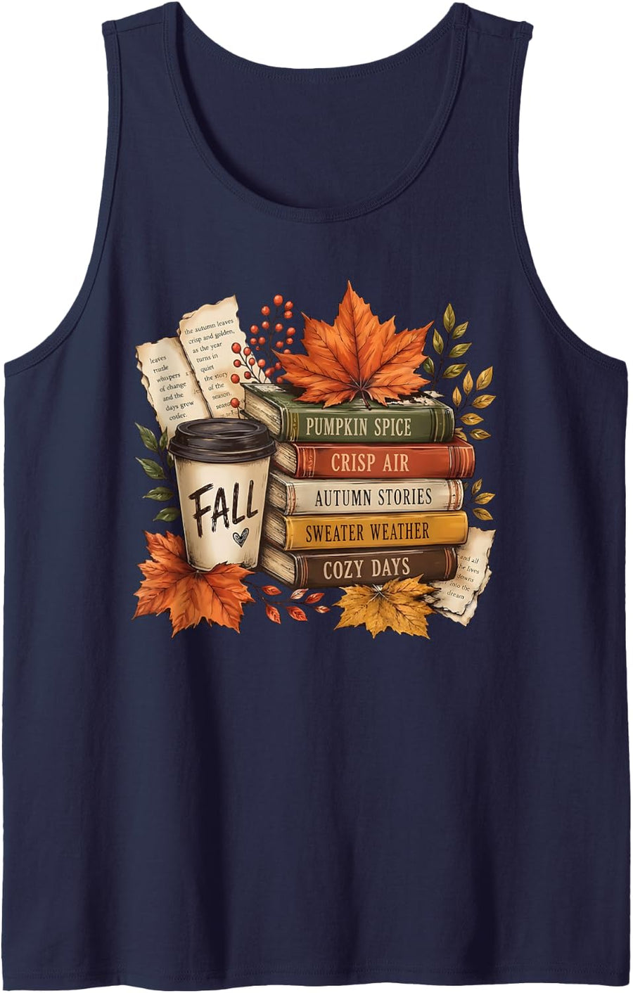 Book Stack Coffee Fall Leaves Bookworm Autumn Fall Vibes Sleeveless Tank Top - Navy Blue