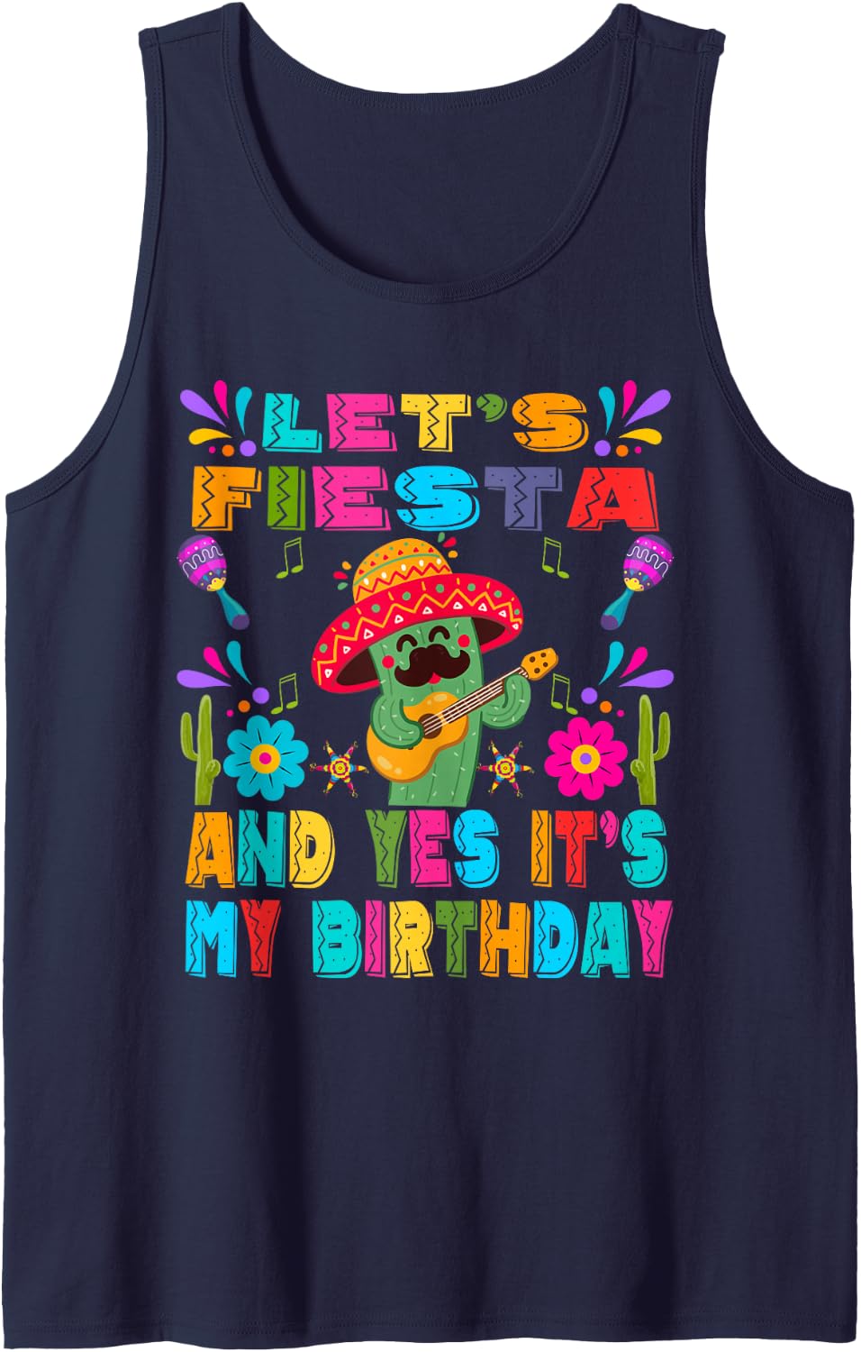 Cinco De Mayo Let's Fiesta Cactus, Mexican Guitar Sombrero Sleeveless Tank Top - Navy Blue