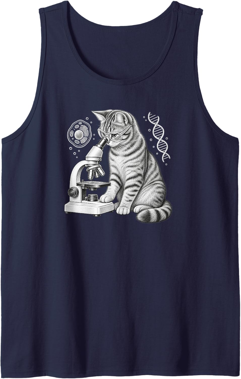 Curious Cat with Microscope Funny Science Art Sleeveless Tank Top - Navy Blue