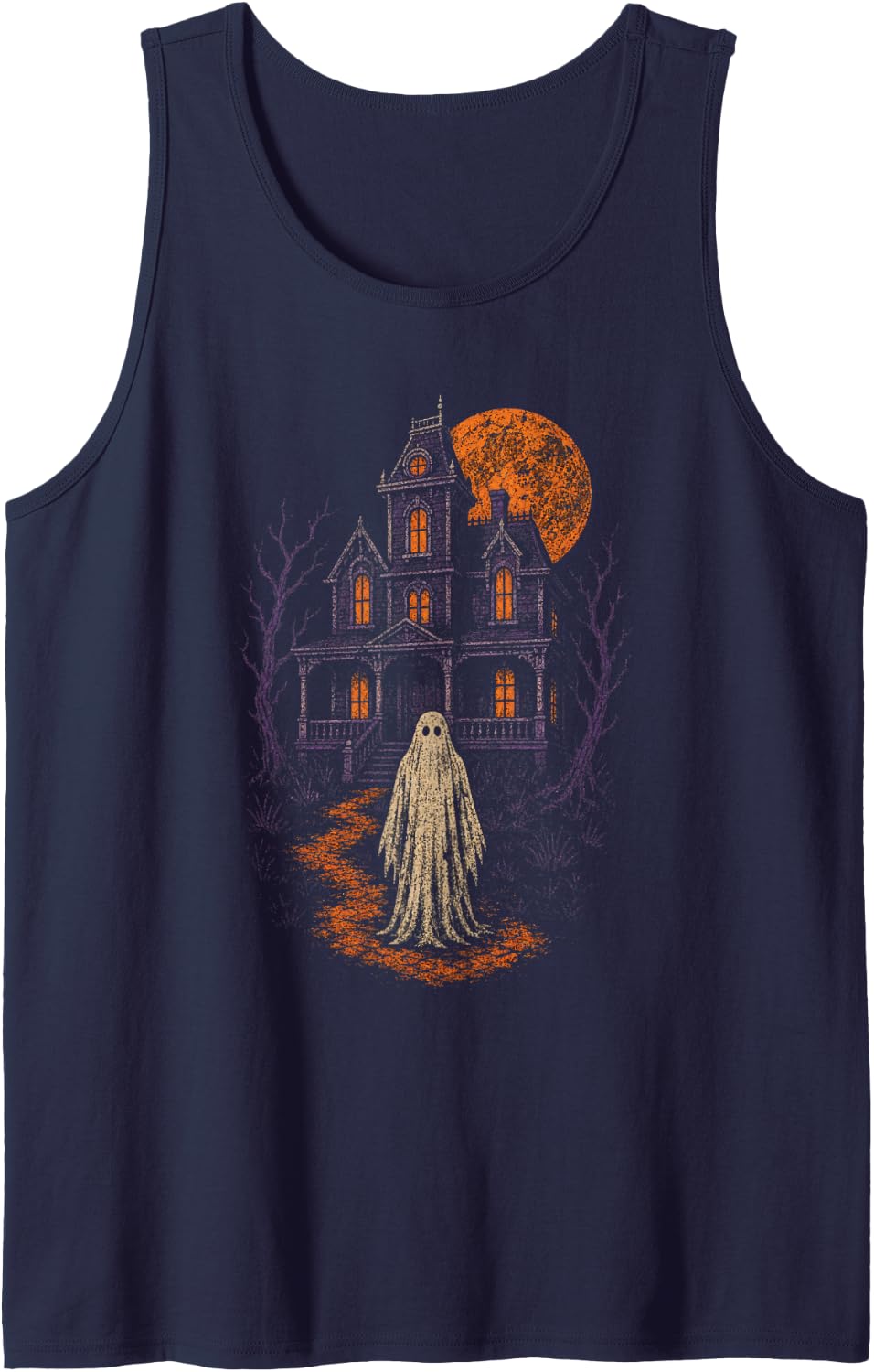 Halloween Haunted House Full Moon Ghost Vintage Mansion Sleeveless Tank Top - Navy Blue