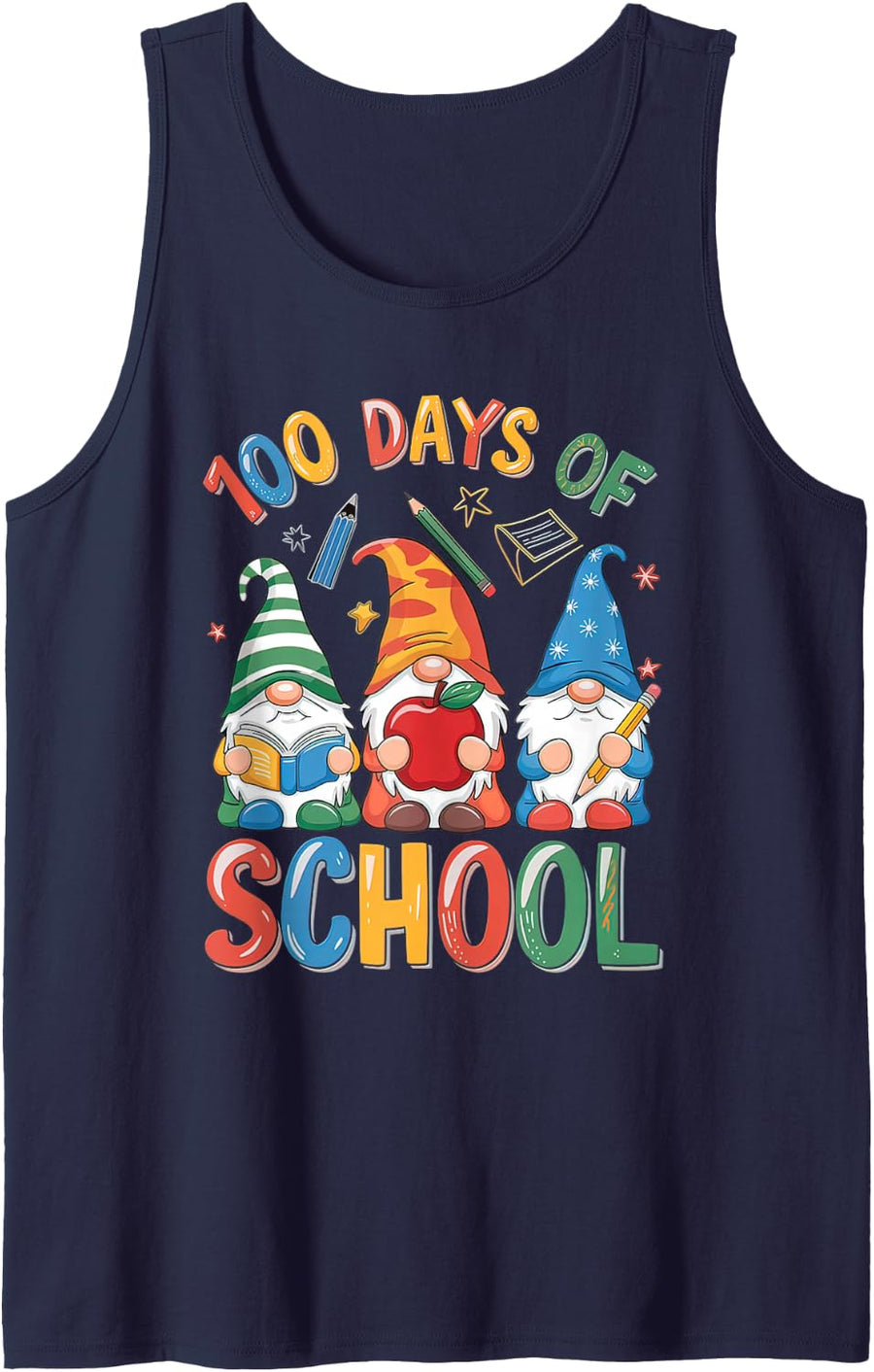 100th Day of School Gnome Teacher Student 100 Days Smarter Sleeveless Tank Top - Navy Blue