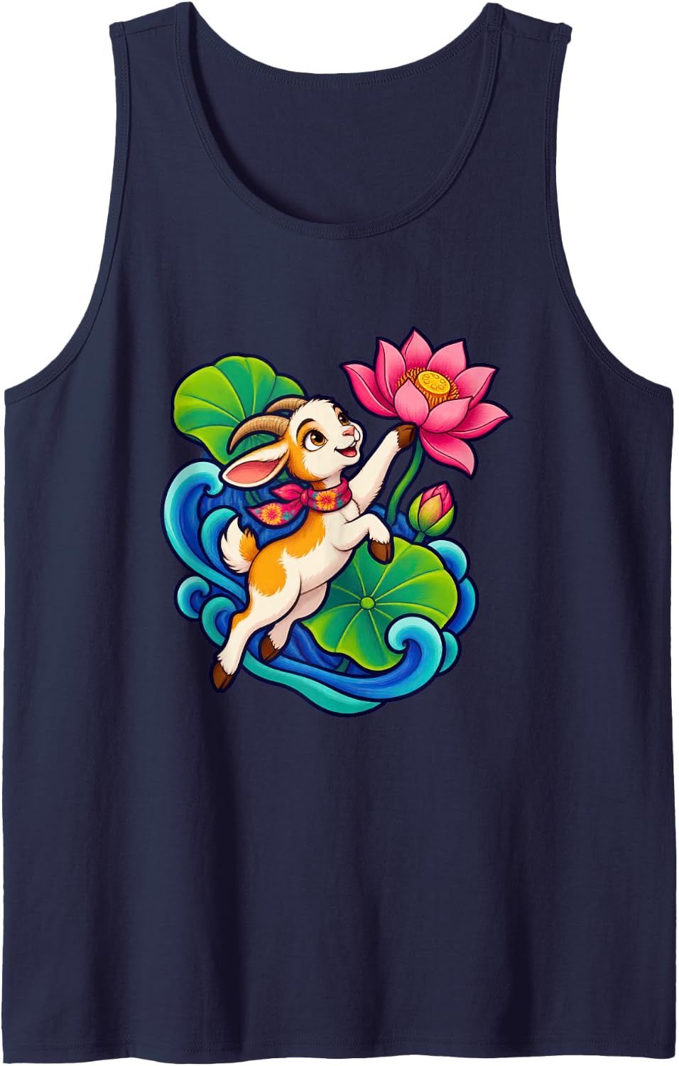 Goat Reaching Toward a Magnificent Bloom Sleeveless Tank Top - Navy Blue