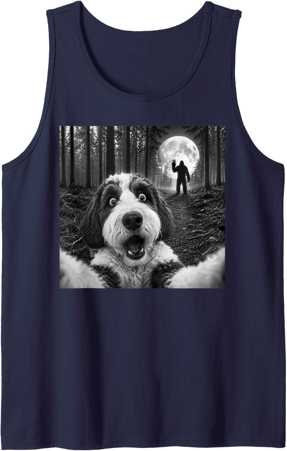 Sheepadoodle Selfie Bigfoot Peace Sign Doodle Dog Sasquatch Sleeveless Tank Top - Navy Blue