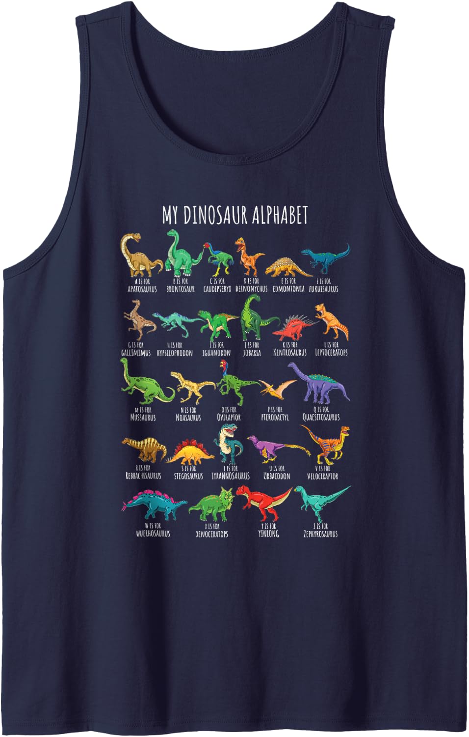 Types Of Dinosaurs Alphabet A-Z ABC Dino Identification Tank Top - Navy Blue