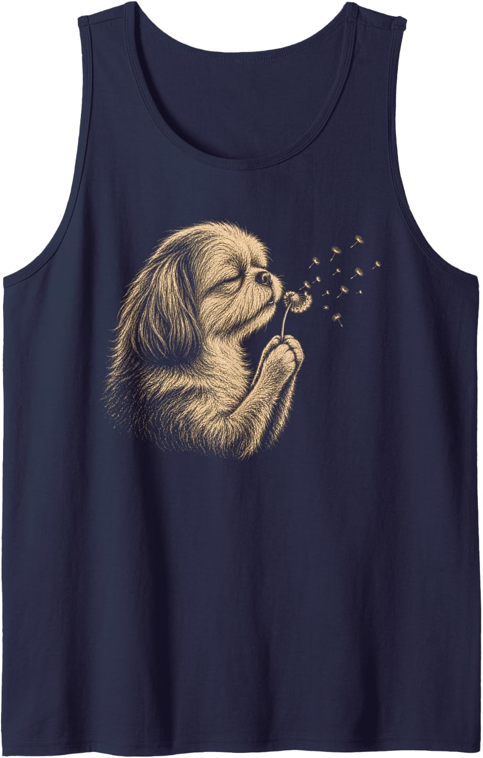 Shih Tzu Blowing Wishes Dandelion Vintage Dog Windflower Sleeveless Tank Top - Navy Blue