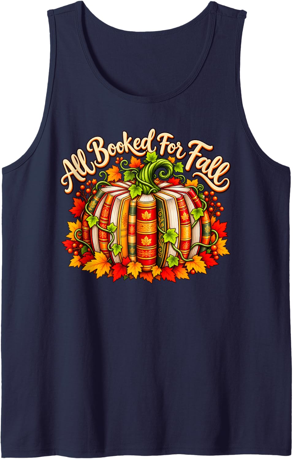 All Booked for Fall Books Coffee Pumpkin Halloween Reading Sleeveless Tank Top - Navy Blue