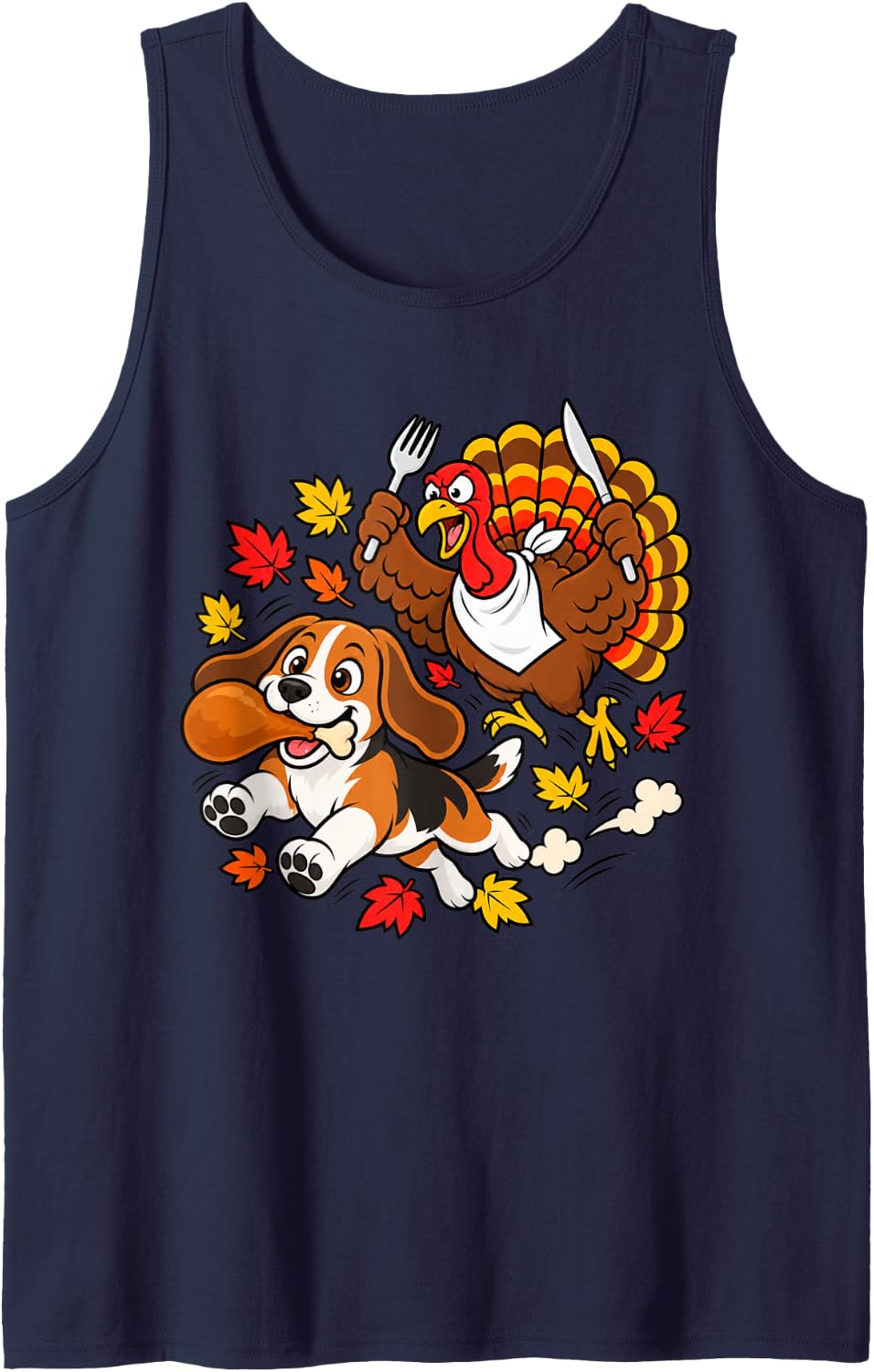 Funny Turkey Chasing Beagle Dog Thanksgiving Womens Mens Sleeveless Tank Top - Navy Blue