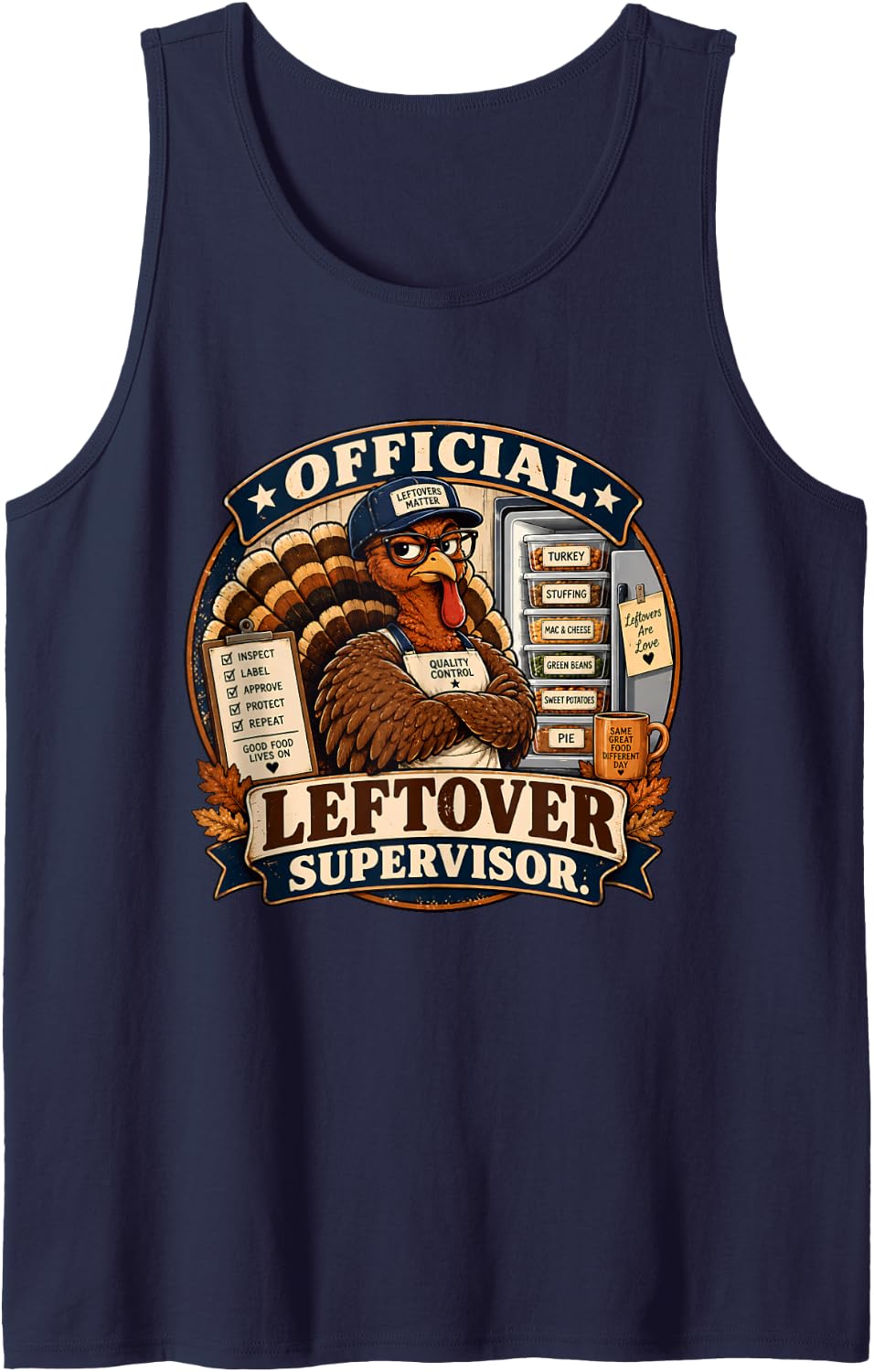 Official Leftover Supervisor Funny Turkey Thanksgiving Sleeveless Tank Top - Navy Blue