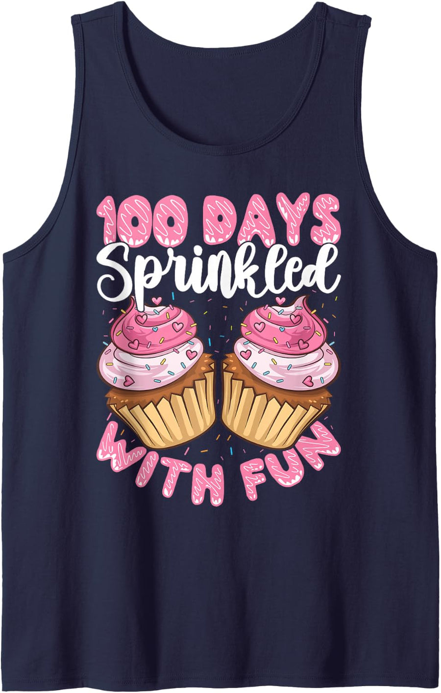 100 Days Sprinkled with Fun Cupcake 100th Day of School Girl Sleeveless Tank Top - Navy Blue