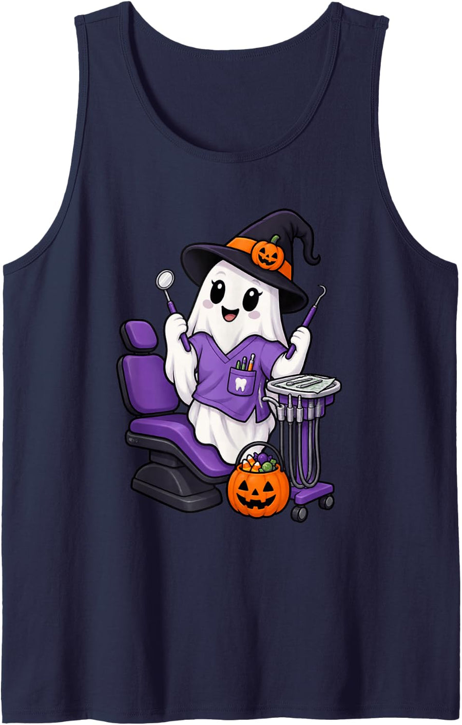 Cute Ghost Dentist Halloween Spooky Season Dental Sleeveless Tank Top - Navy Blue