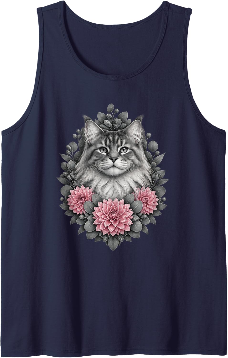 Norwegian Forest Cat with Dahlia Flowers and Leaves Sleeveless Tank Top - Navy Blue