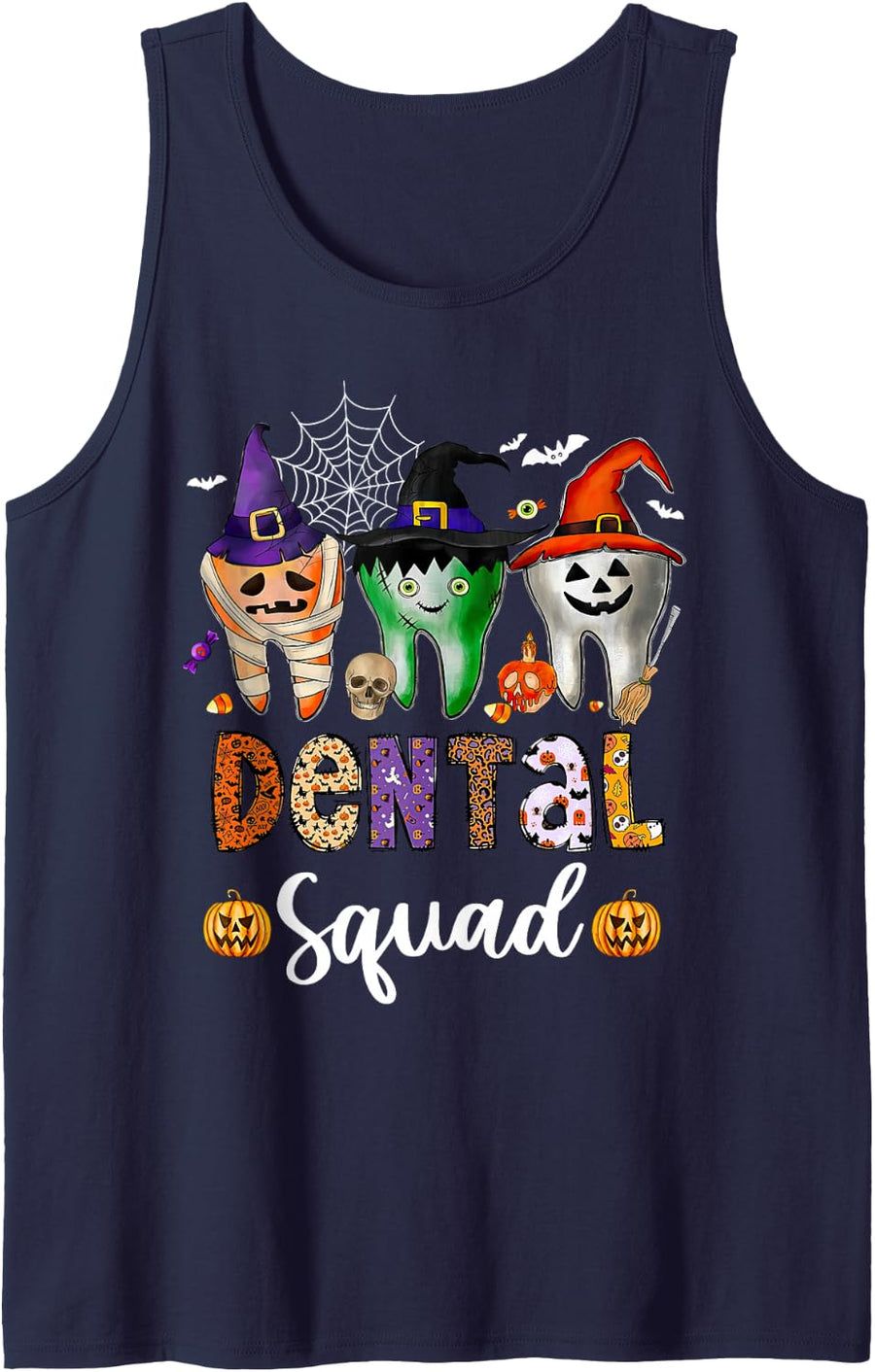 Dental Squad Spooky Teeth Dentist Trick Or Teeth Halloween Sleeveless Tank Top - Navy Blue
