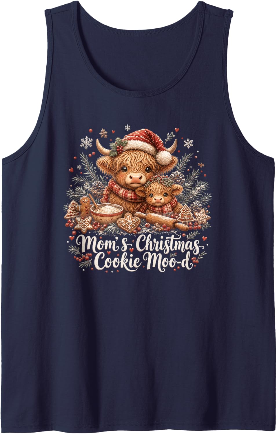 Christmas Baking Mom Highland Cow and Calf Sleeveless Tank Top - Navy Blue
