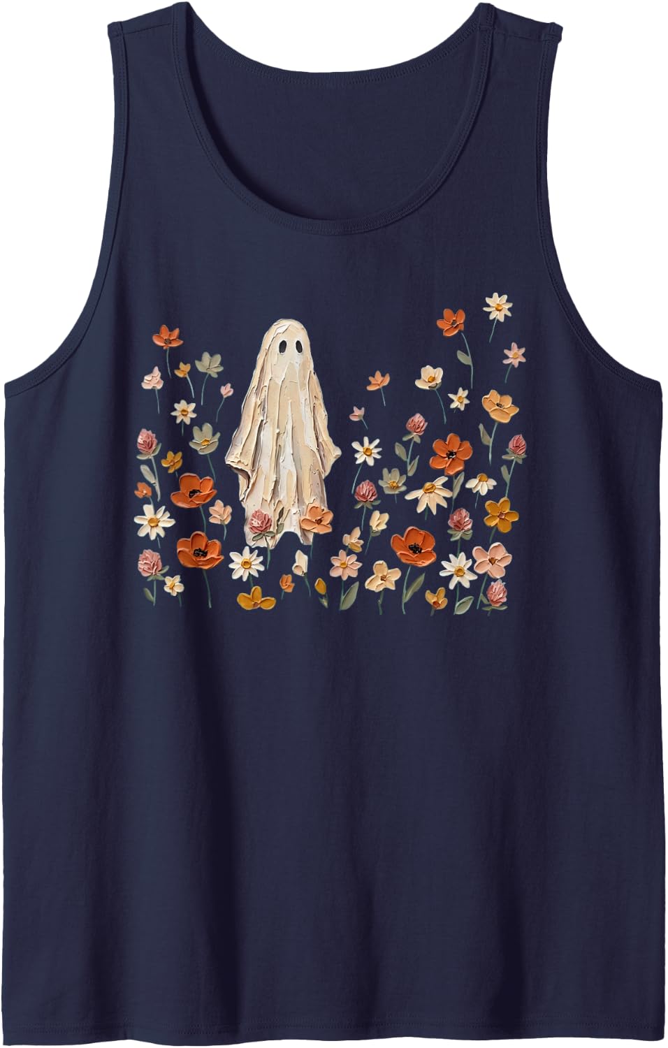 Wildflowers Ghost Spooky Season Botanical Ghost Halloween Sleeveless Tank Top - Navy Blue