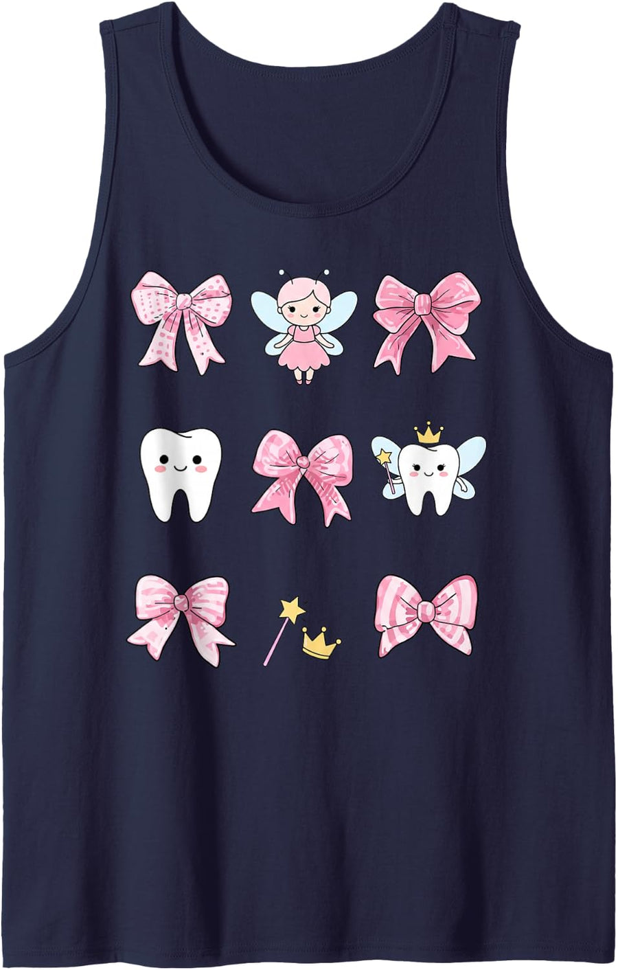 Coquette Ribbon Tooth Fairies Hygienist Dentist Tooth Fairy Sleeveless Tank Top - Navy Blue