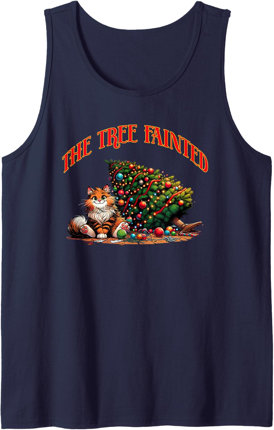 Christmas cat Tree fainted Down Ornaments Broken Funny fix Sleeveless Tank Top - Navy Blue