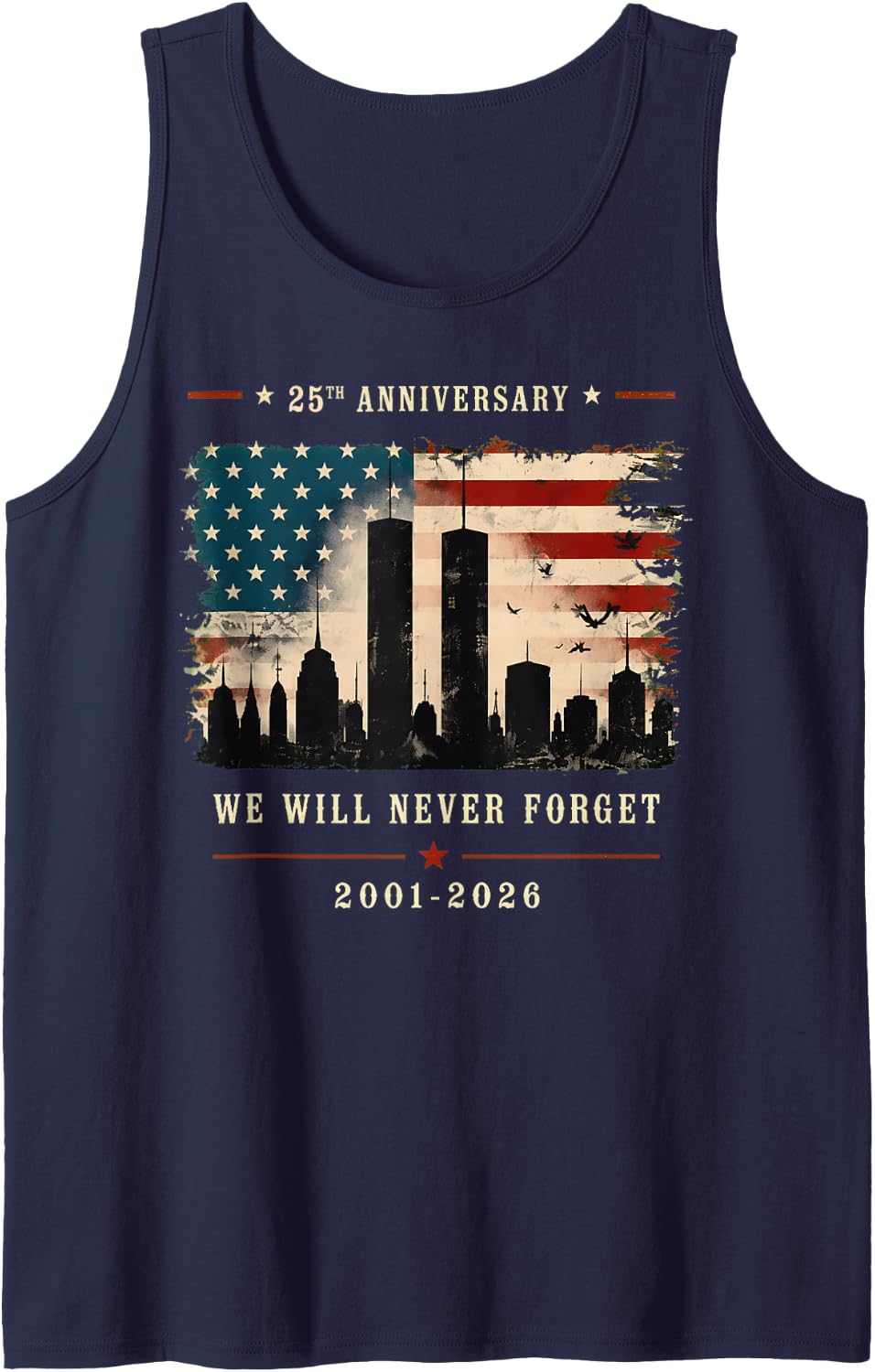 25th Anniversary September 11 2001 Memorial Day USA Flag Tank Top - Navy Blue