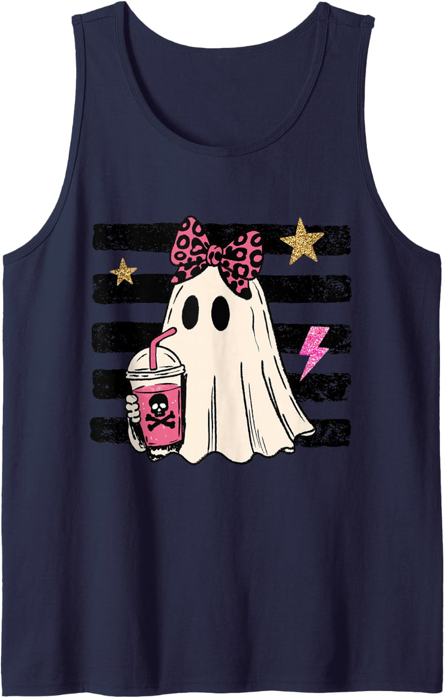 Cute Ghost Pink Leopard Bow Iced Drink Coquette Halloween Sleeveless Tank Top - Navy Blue