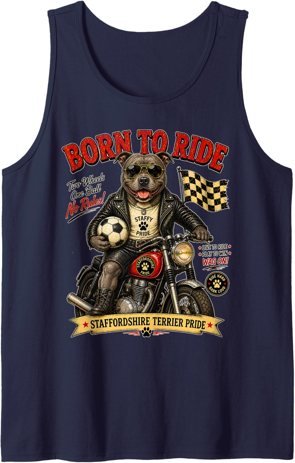 Staffordshire Terrier on Motorbike Play Footbal Soccer DIGOR Tank Top - Navy Blue