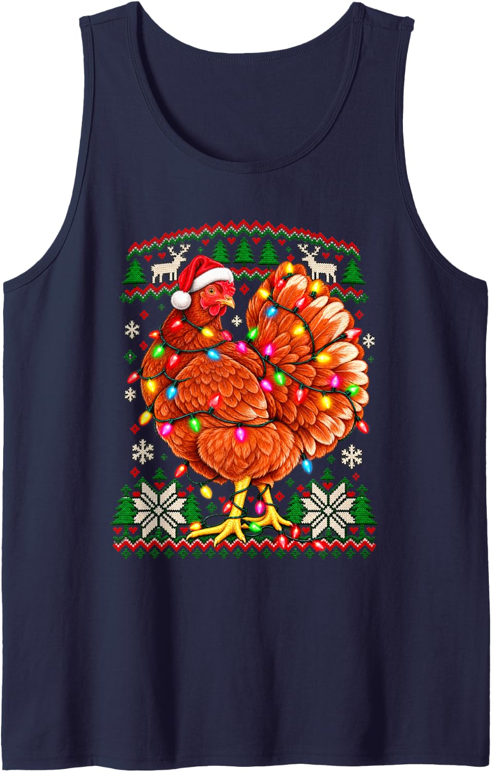 Christmas Chicken Happy Santa Hat Reindeer Knit Pattern Sleeveless Tank Top - Navy Blue