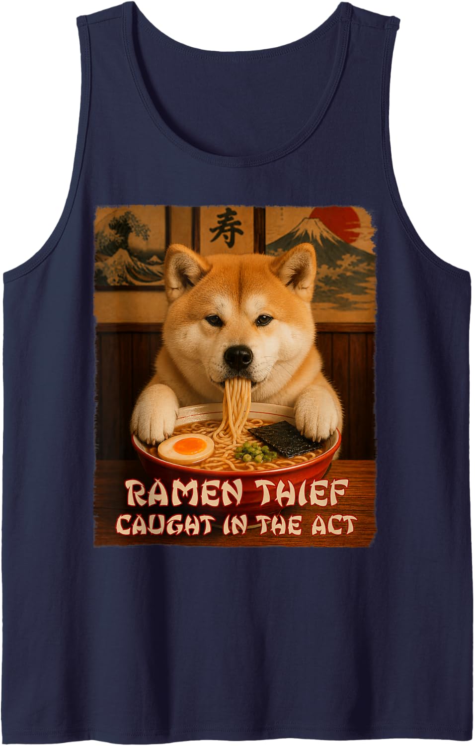 Funny Dog Tee - Akita - Ramen Dog Thief Tank Top - Navy Blue