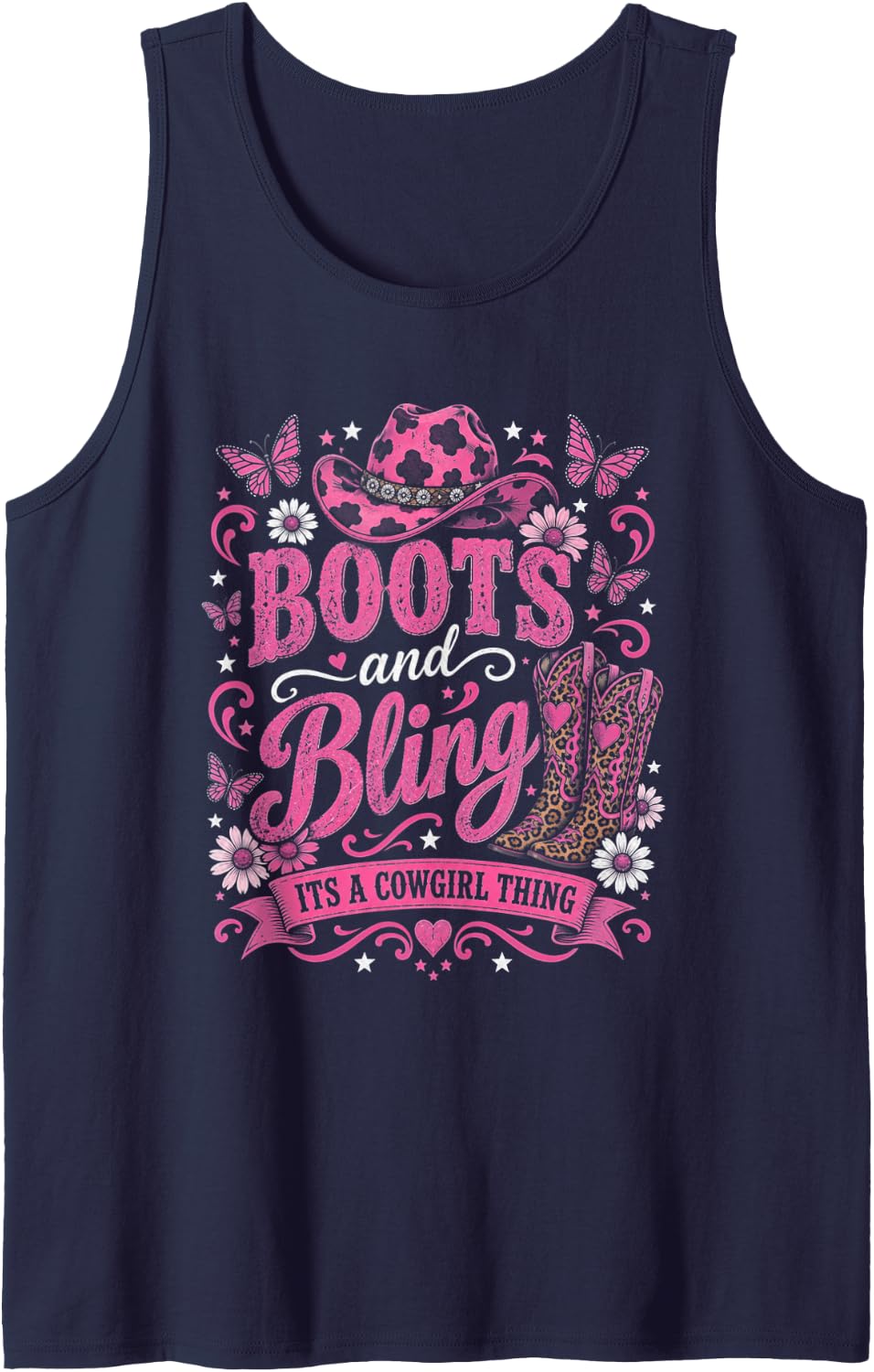 Boots and Bling Cowgirl Thing Pink Western Country Sleeveless Tank Top - Navy Blue