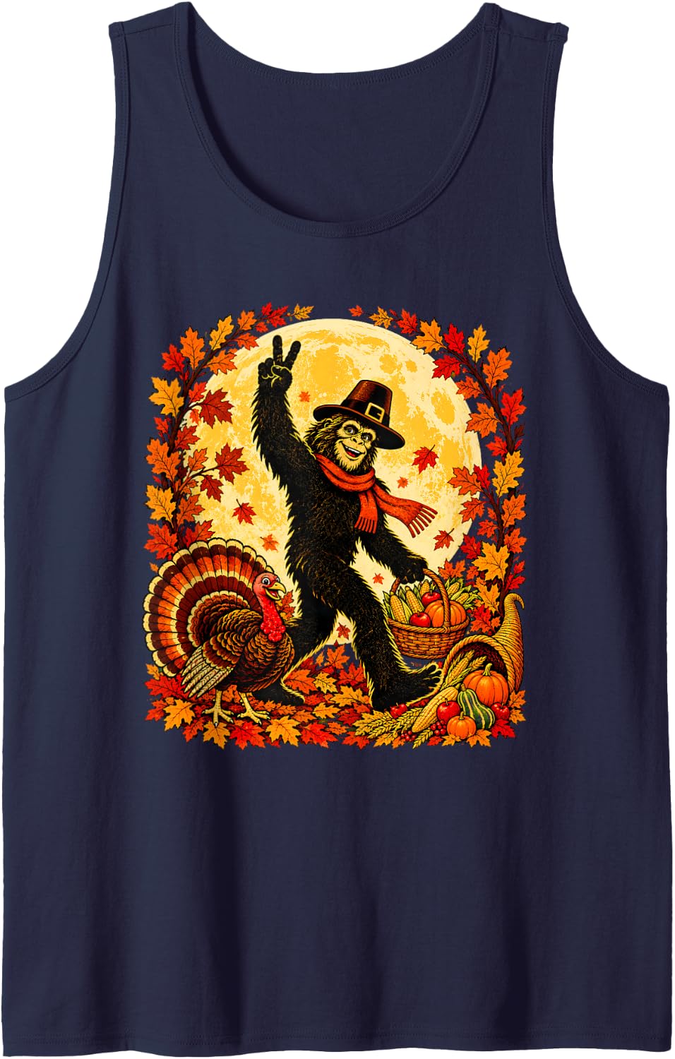 Bigfoot Thanksgiving Turkey Fall Leaves Moon Sasquatch Sleeveless Tank Top - Navy Blue