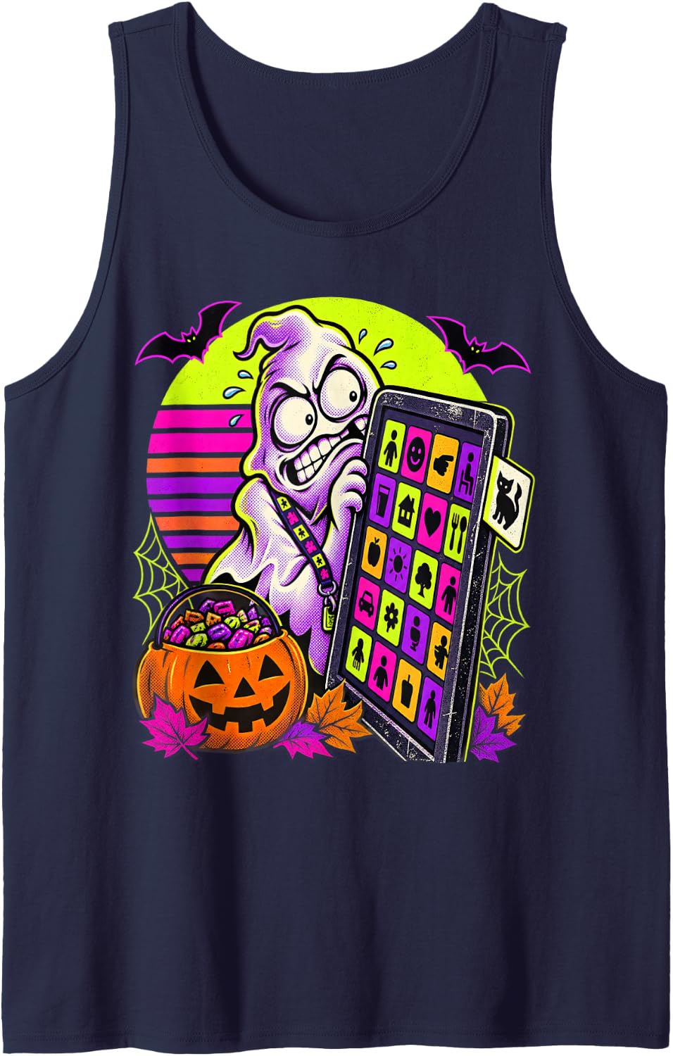 Halloween ABA Ghost Hiding from Cat Picture Card Sleeveless Tank Top - Navy Blue
