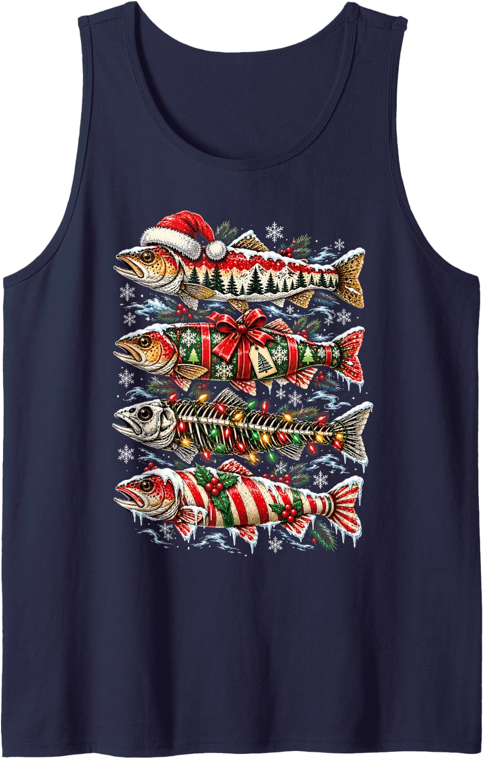 Christmas Trout Fish Candy Cane Skeleton Fishing Merry Xmas Sleeveless Tank Top - Navy Blue