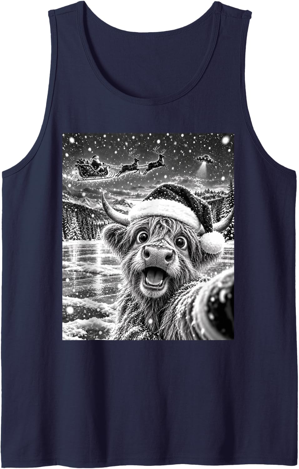 Highland Cow Selfie with Santa Funny Christmas Kids Sleeveless Tank Top - Navy Blue