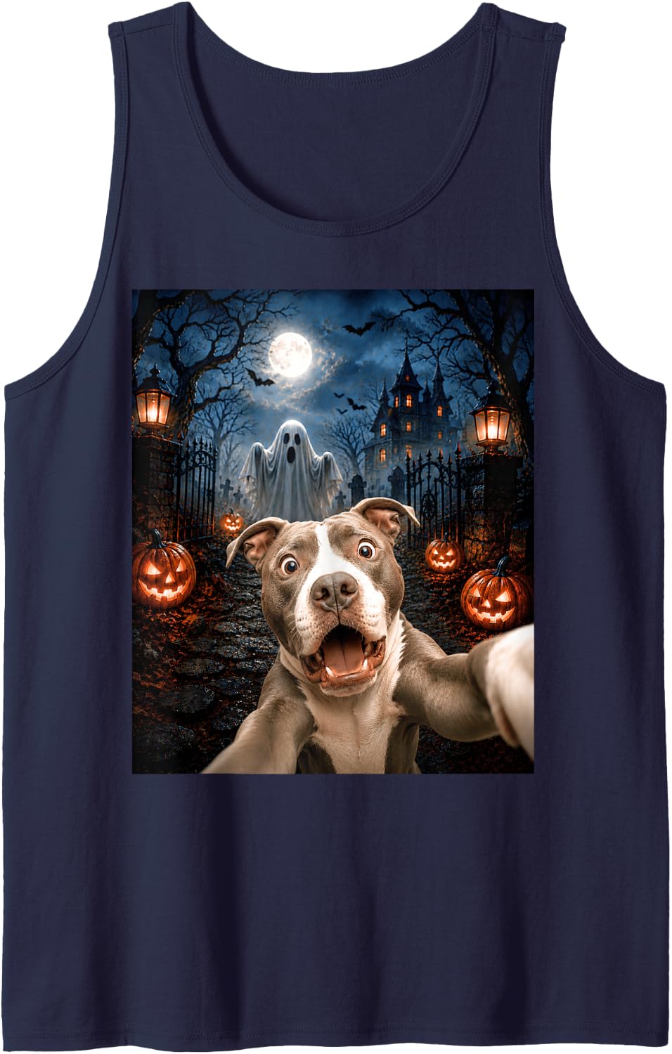 Funny Meme Pitbull Selfie with Ghost Halloween Spooky Season Tank Top - Navy Blue