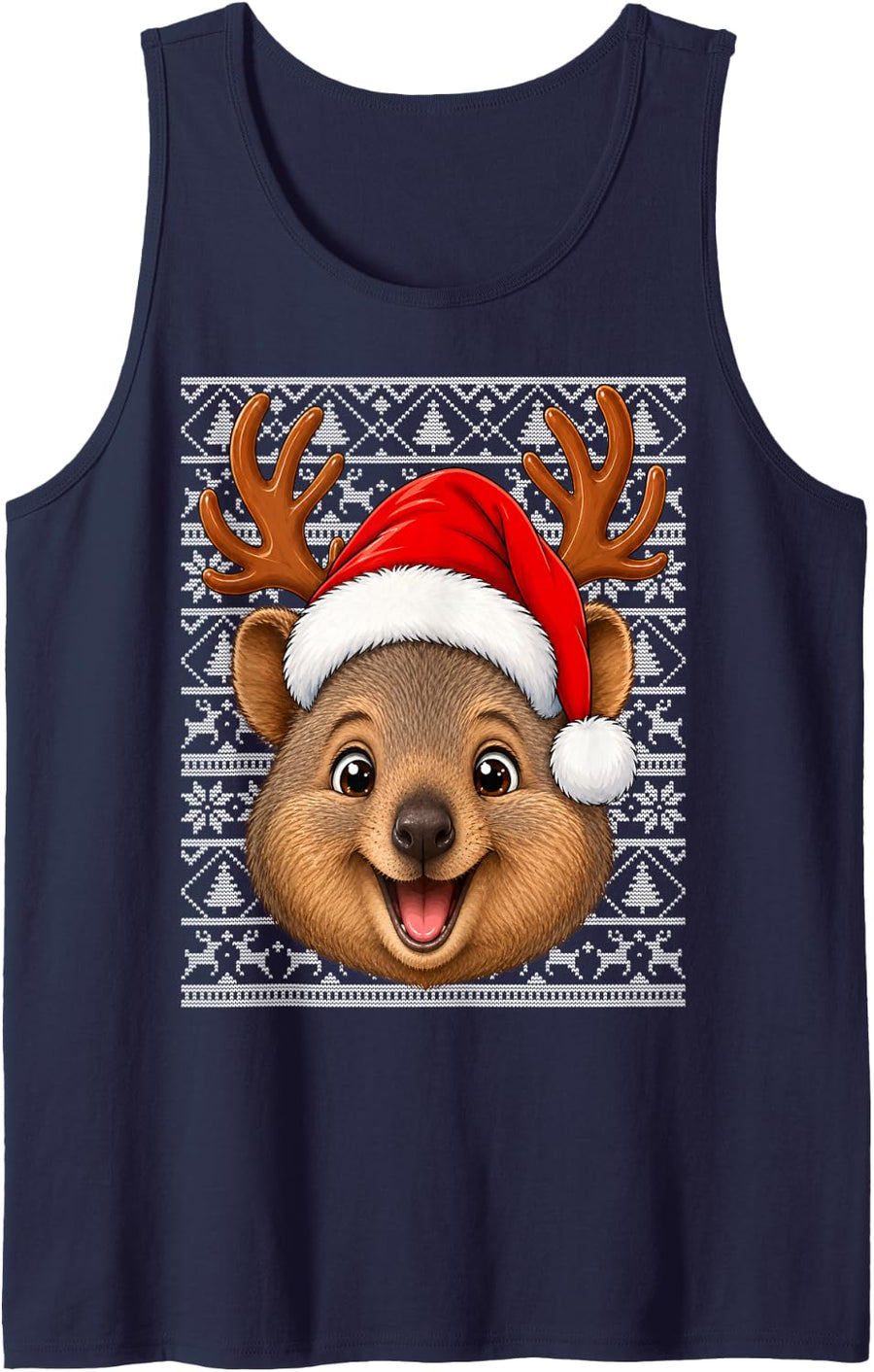 Quokka Christmas Santa Hat Ugly Sweater Fun Animal Xmas Sleeveless Tank Top - Navy Blue